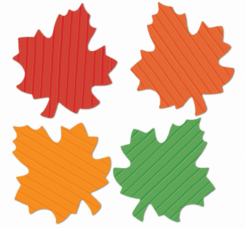Set of four leaf-shaped tissue cutouts in red, orange, and green with striped texture