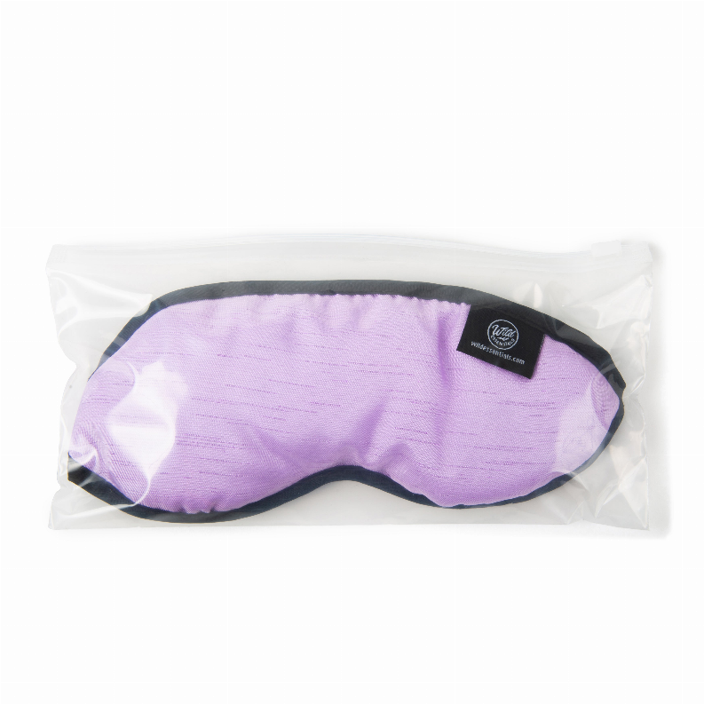 Lavender sleep mask with black edge trim and contoured eye cutout