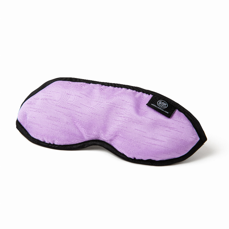 Lavender sleep mask with black trim and contoured eye shape