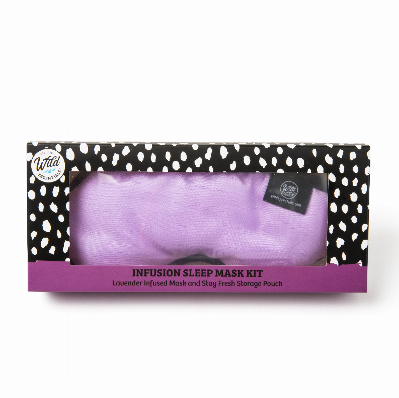 Lavender sleep mask kit in storage pouch, shown in patterned gift box