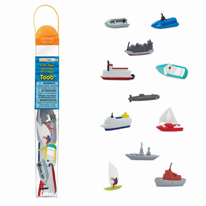 Kids water toy boat set in clear blister with labeled blue card and orange handle