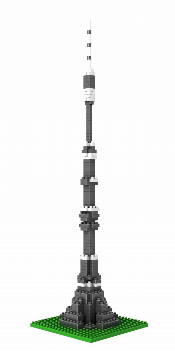 Ostankino Tower model building set with gray tower and green base