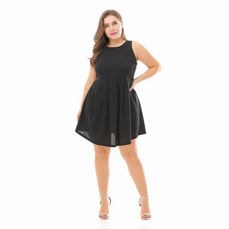 Plus size black sleeveless dress with gathered waist and flared skirt