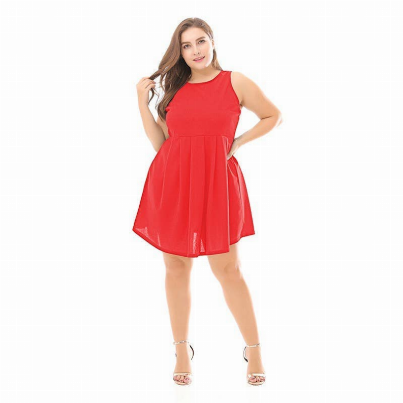 Plus size red sleeveless dress with gathered waist and flared skirt