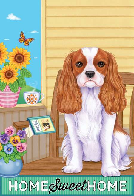 Garden flag with red-and-white Cavalier King Charles and 'Home Sweet Home' text