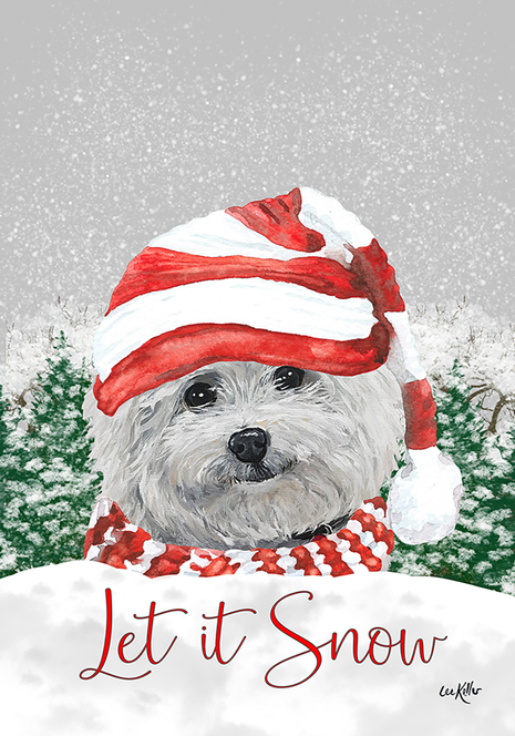 Christmas garden flag with white Bichon dog in red-and-white hat and "Let it Snow" text