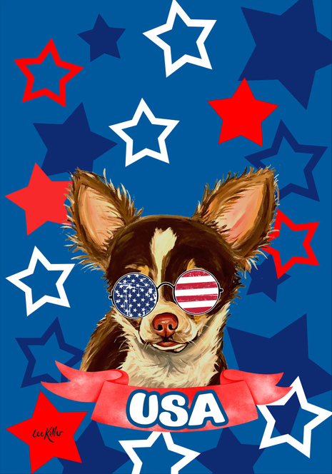 Chihuahua Longhair - Hippie Hound Studios Patriotic  House and Garden Flags - Outdoor's