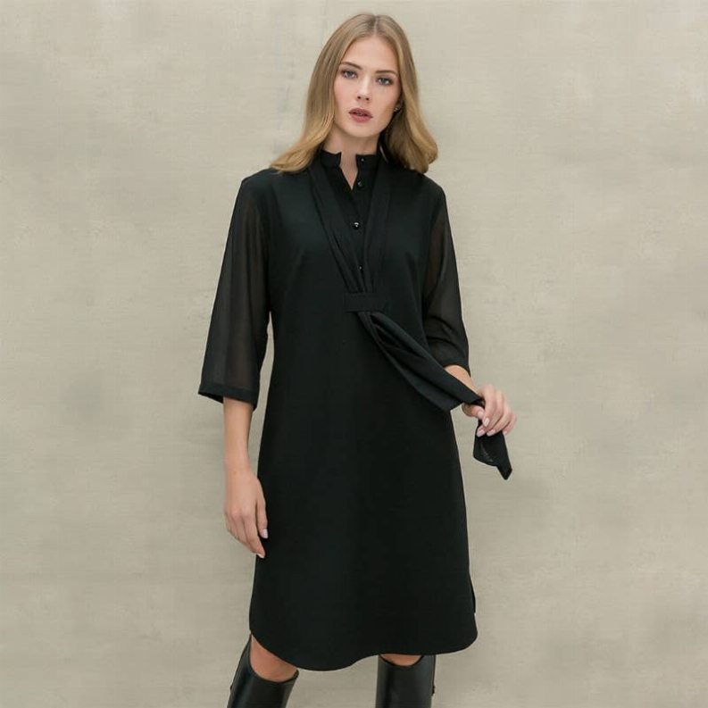 Black waist-tie shirt dress with buttoned neckline, three-quarter sleeves, knee length