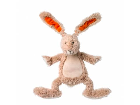 Plush rabbit stuffed toy with orange inner ears and stitched face, beige body
