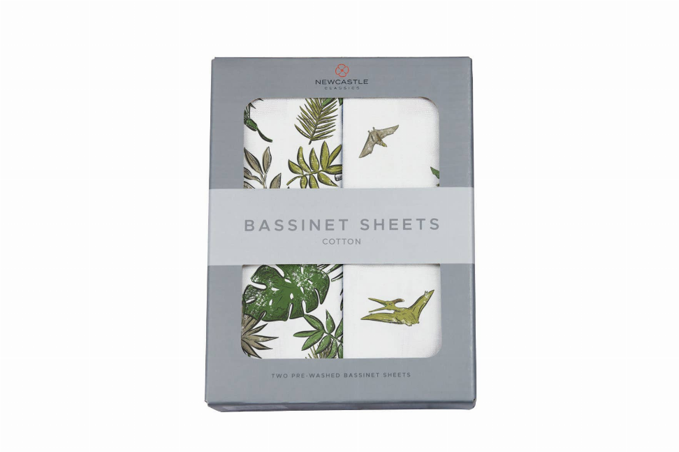 Jurassic Forest basinet sheets set in leaf and pteranodon print, cotton, two-pack
