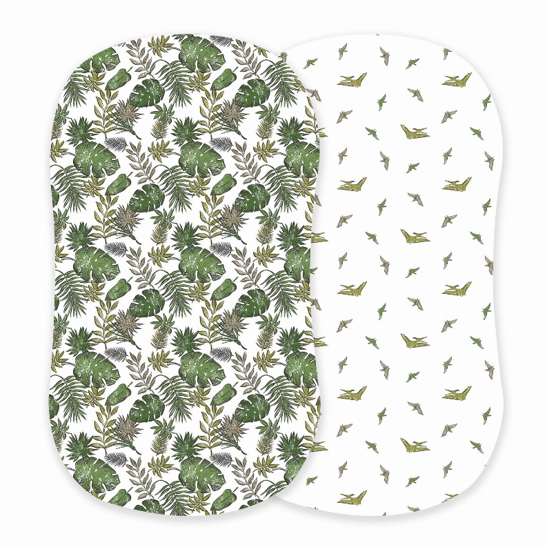Two basinet sheets: green leafy jungle print and small pteranodon repeat on white