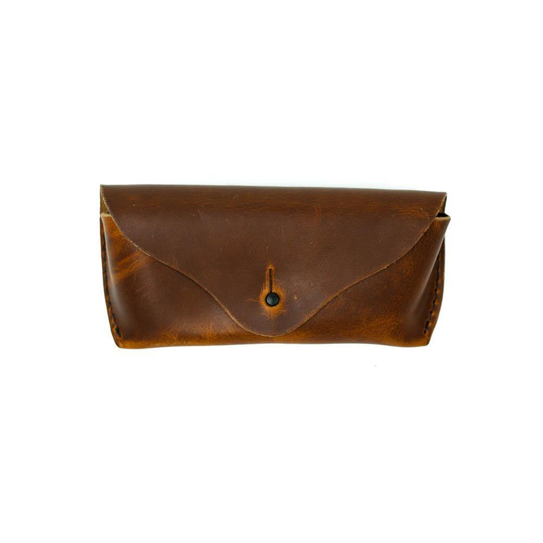 Brown leather sunglasses case with front clasp flap and round button