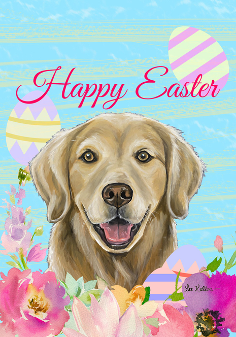 Easter garden flag with smiling golden retriever and colorful Easter eggs, flowers, and “Happy Easter”