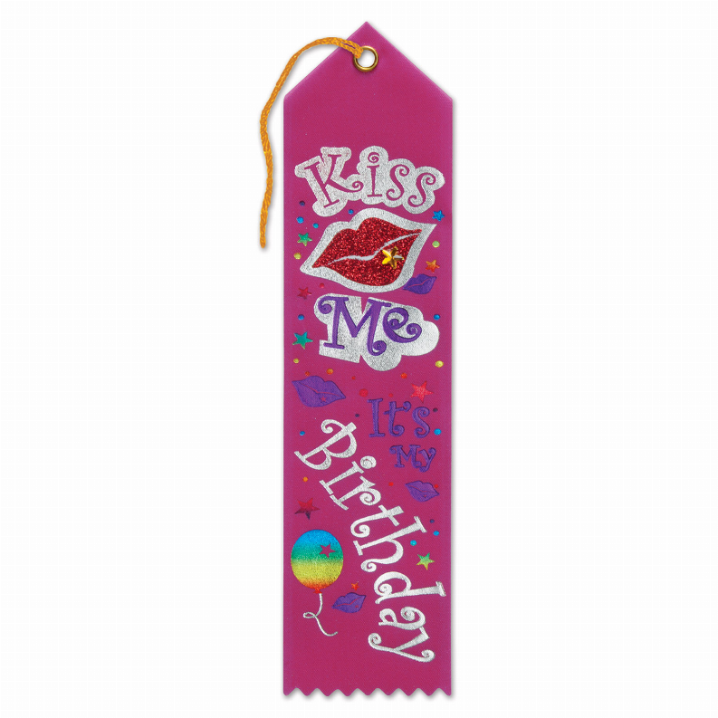 Purple ribbon tag with orange string loop, 'Kiss Me' text and lips graphic