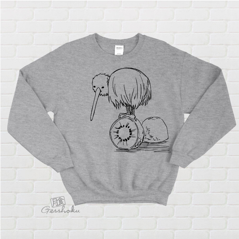 Heather gray crewneck fleece sweatshirt with kiwi-bird graphic