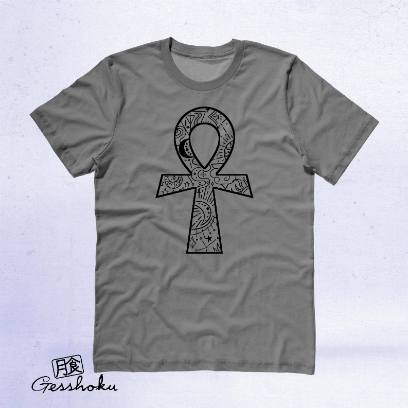 Charcoal gray unisex T-shirt with central black ankh illustration and cross pattern