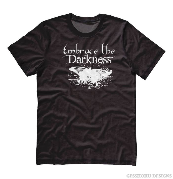 Black crew-neck unisex T-shirt front view with white slogan and distressed landscape graphic.