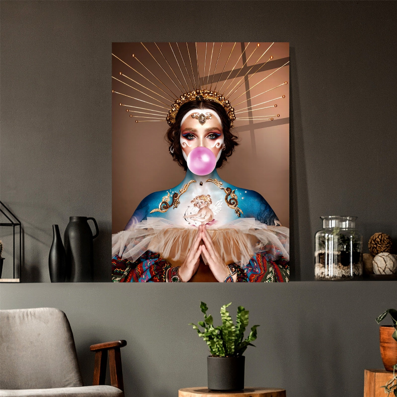 Gummy glass wall art featuring ornate woman portrait with purple bubble and blue dress