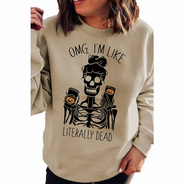 Women's light beige crewneck sweatshirt with skeleton graphic print