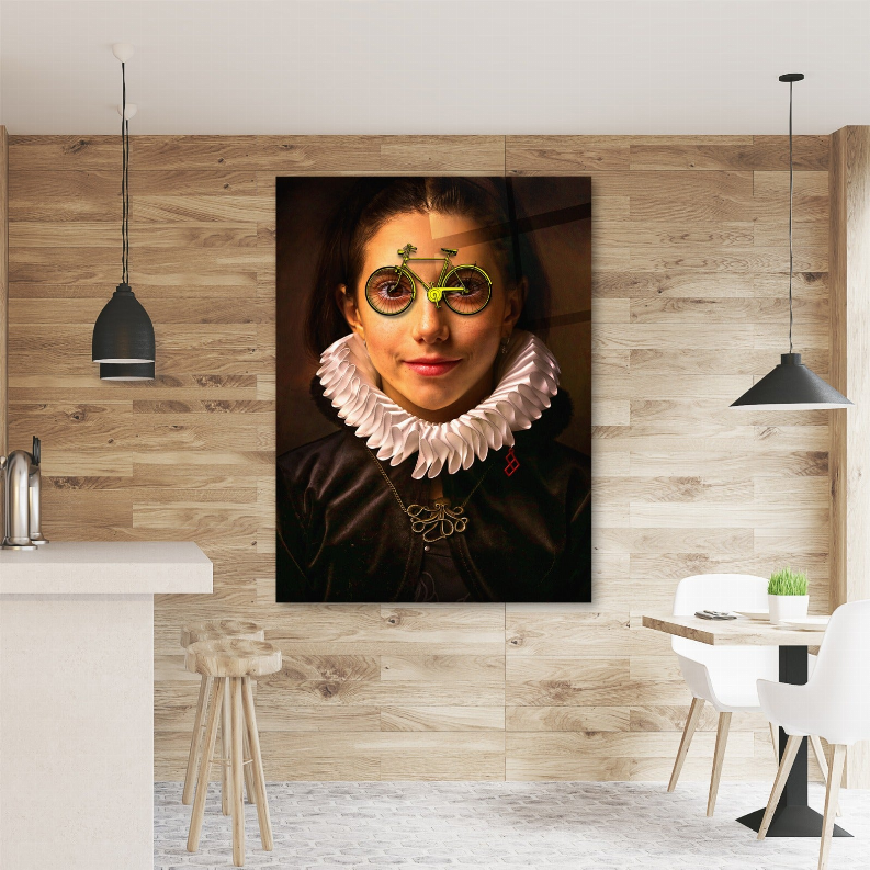 Victorian bicycle glass wall art, framed portrait with yellow bicycle glasses and ruffled collar