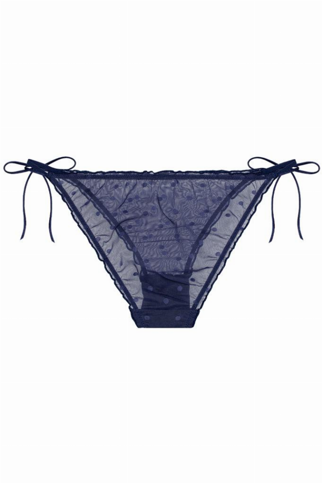 Dark blue lace panties with side bow ties, open-back cut