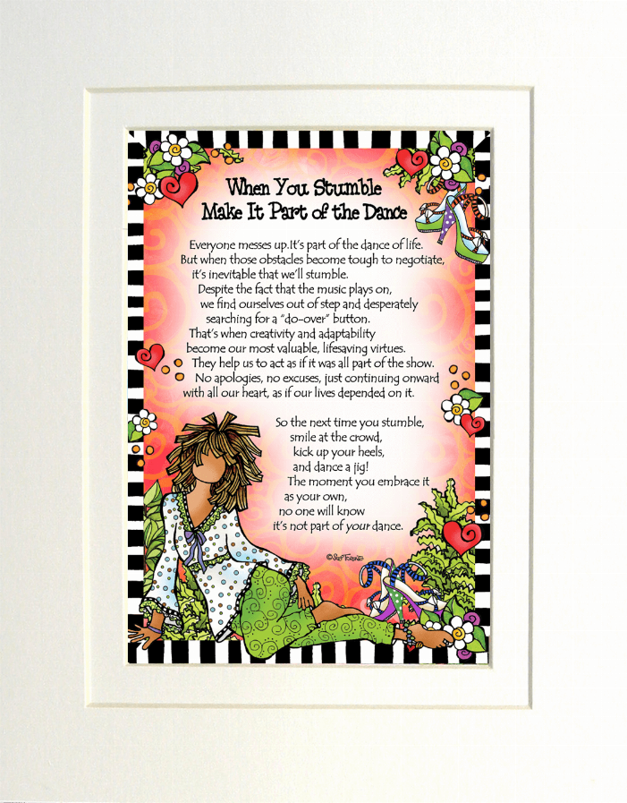 Framed colorful illustrated quote print with dancer figure and floral border