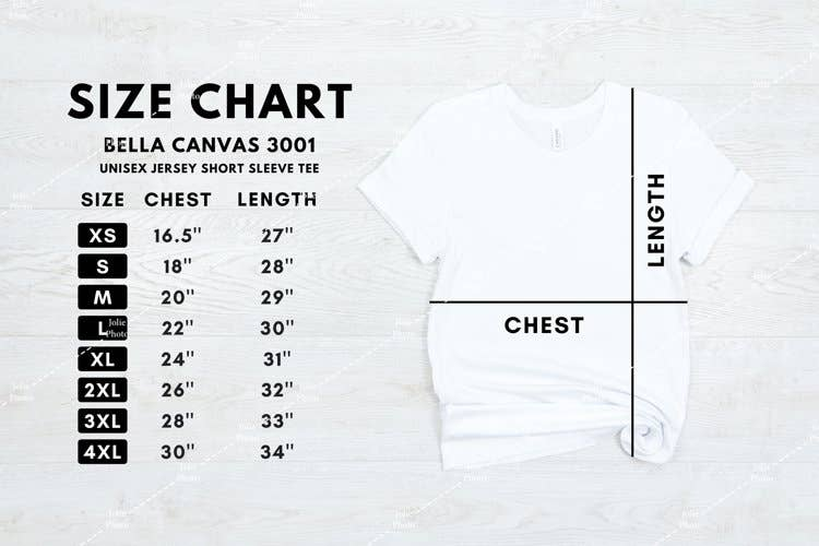 Unisex short-sleeve tee size chart showing chest and length for XS–4XL sizes