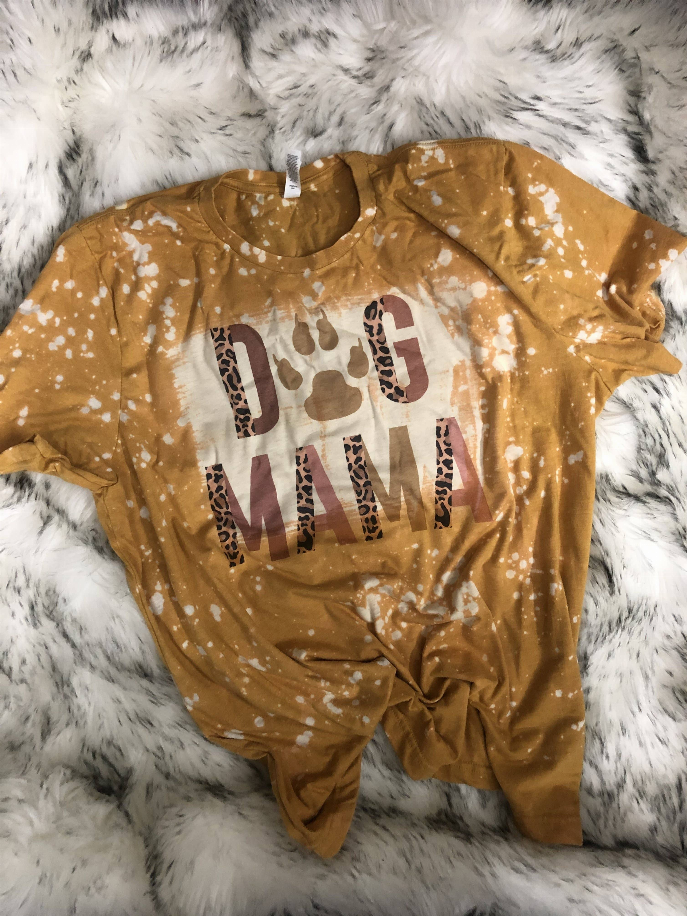 Mustard bleached unisex T-shirt front with leopard 'Dog Mama' print, knotted hem