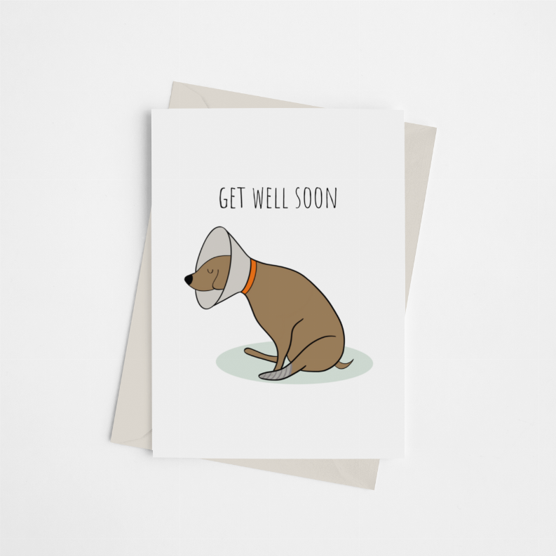 Get well soon greeting card, white with text and cartoon brown dog illustration
