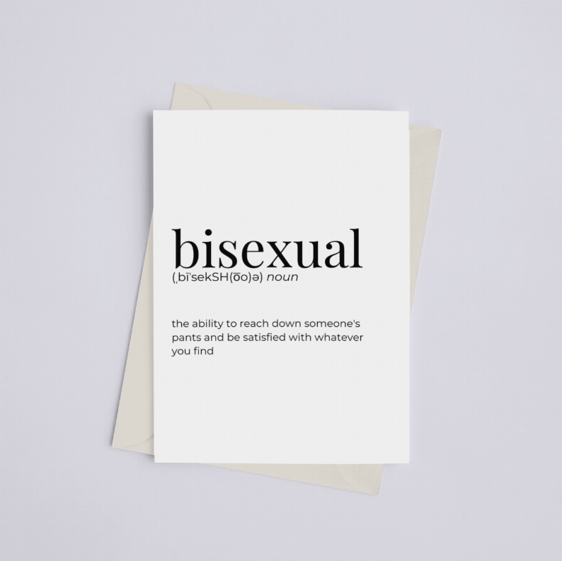 Bisexual greeting card with 'bisexual' text and definition on white front