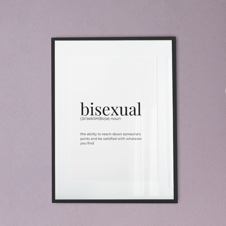Framed bisexual art print with 'bisexual' text and definition on white background