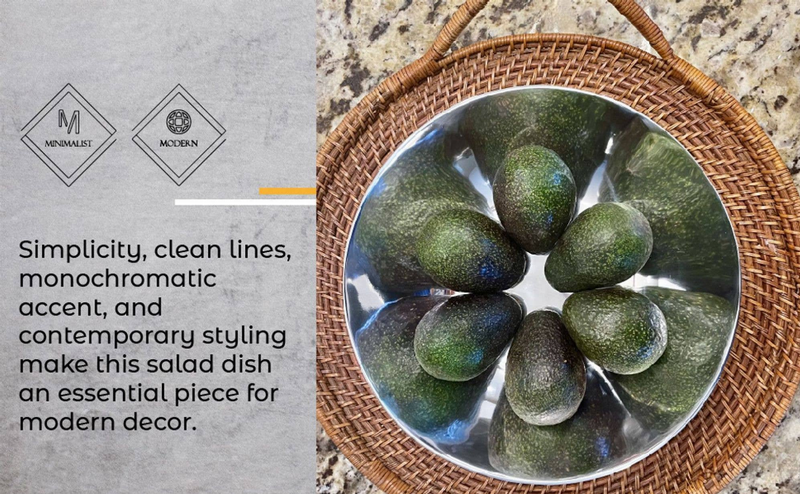 Round salad bowl holding green decorative stones inside a wicker tray