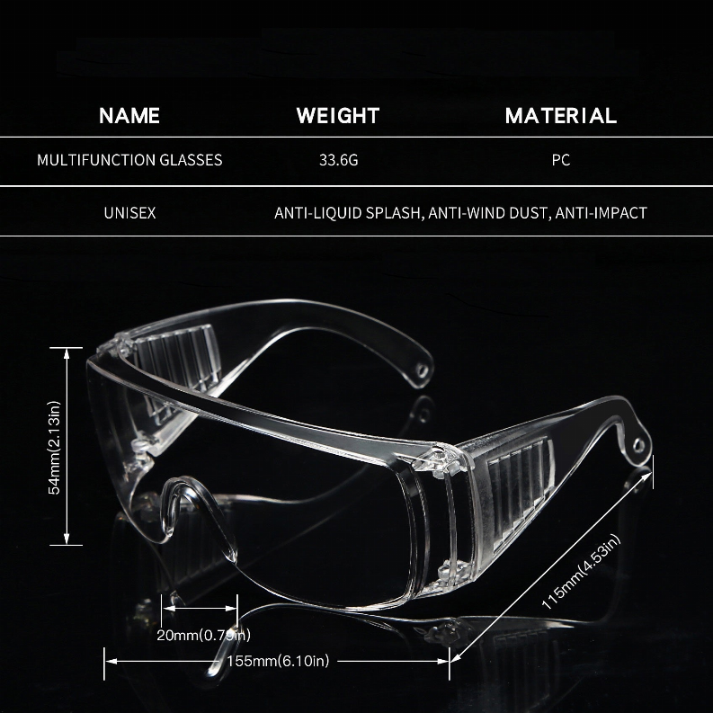 Clear protective safety goggles with vented side panels and curved temple loops