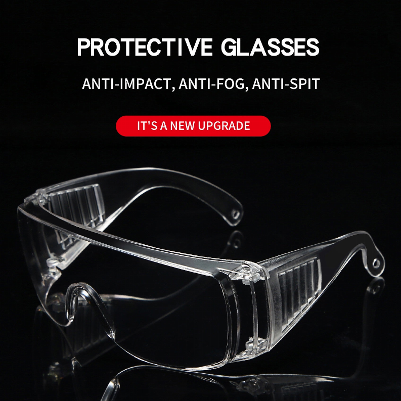 Protective safety glasses with clear lenses, curved frame, and vented side shields