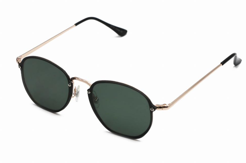 Oval sunglasses with dark green lenses and rose-gold metal frame, black temple tips