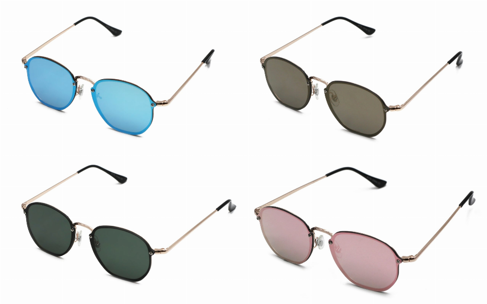 Assorted-color sunglasses set with blue, dark green, pink lenses and thin metal frames
