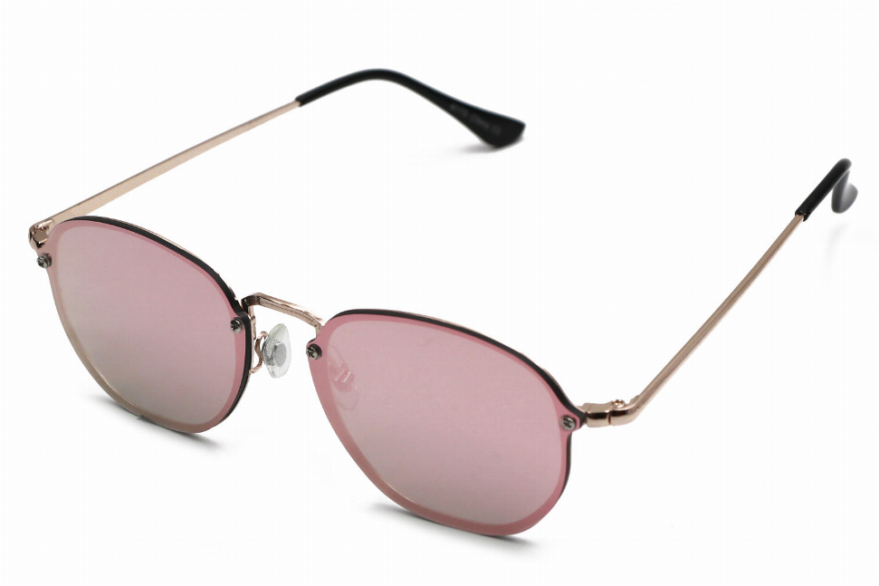 Oval sunglasses with pink tinted lenses and rose-gold metal frame, black temple tips