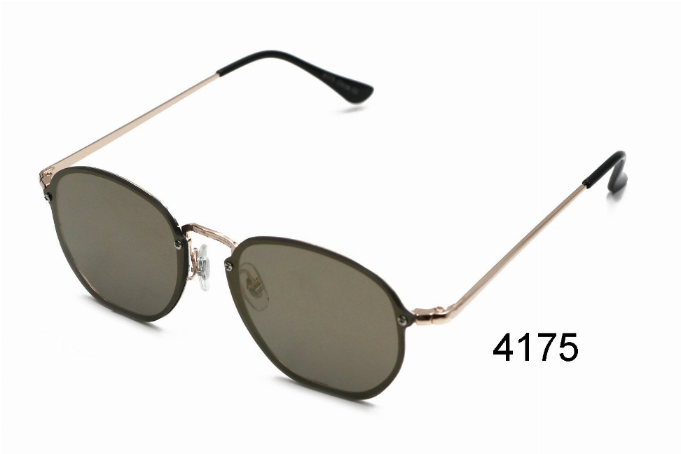 Oval sunglasses with dark olive lenses and gold-tone metal frame, black temple tips