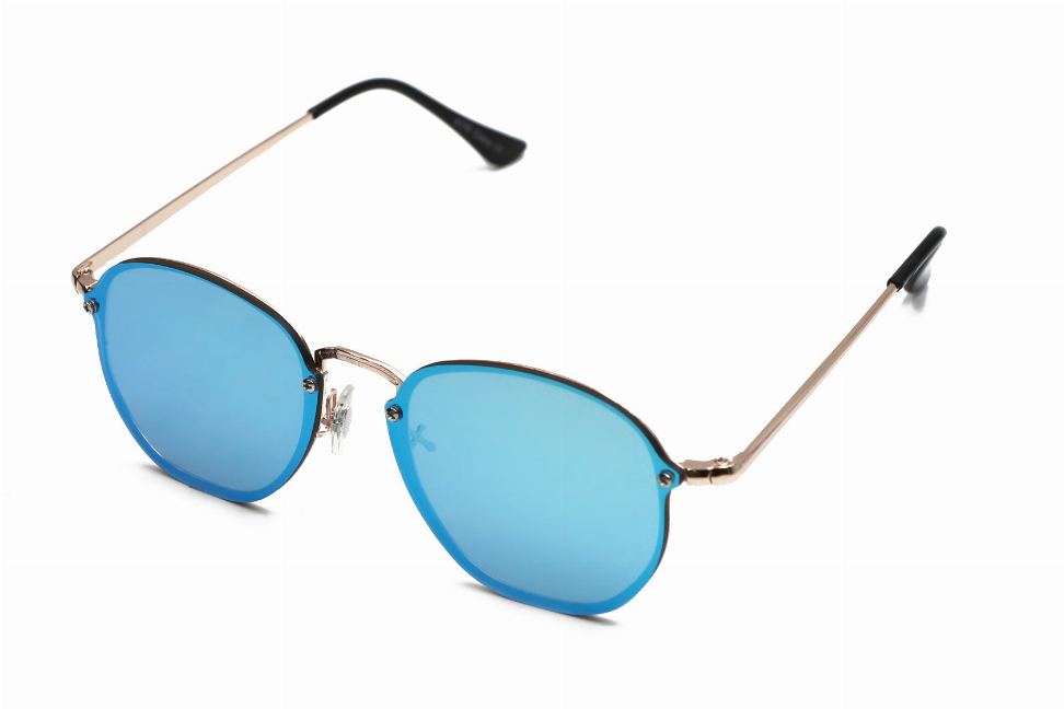 Oval sunglasses with light blue tinted lenses and gold-tone metal frame, black temple tips