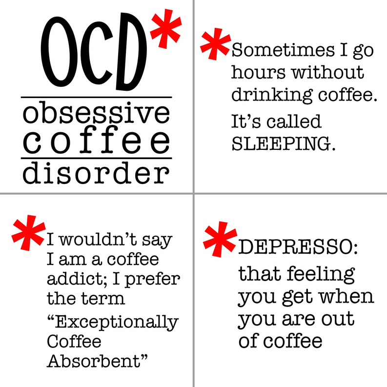 Square coaster with black “OCD obsessive coffee disorder” text and red asterisk accents
