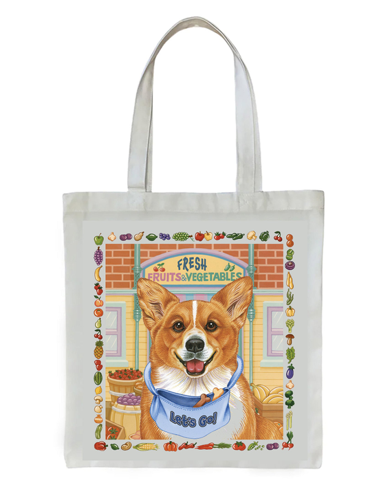White tote bag with corgi graphic and 'Let's Go' text