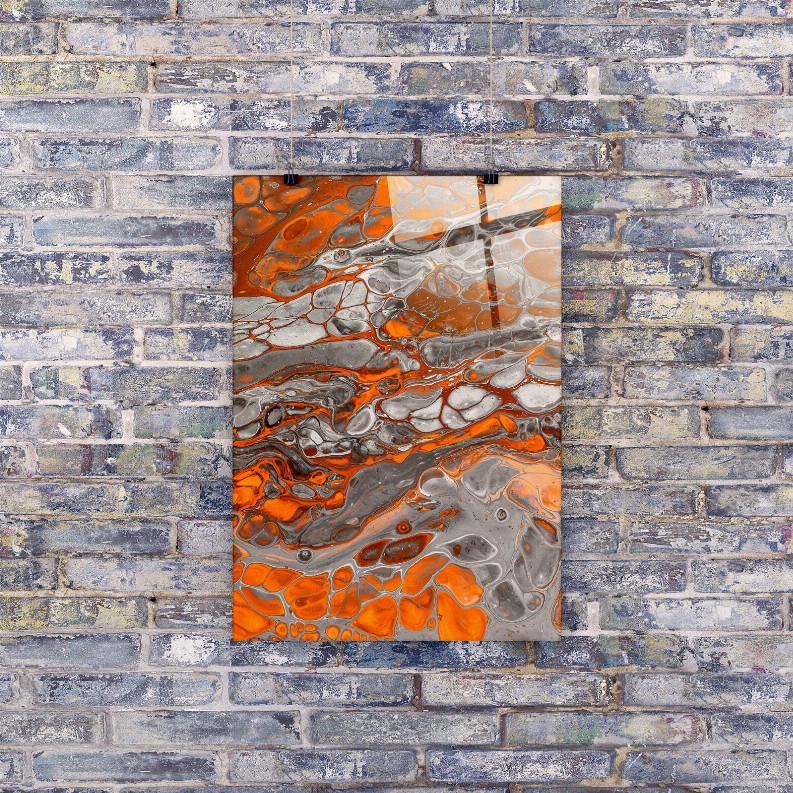Rectangular marble glass wall art with orange and silver-gray swirled pattern