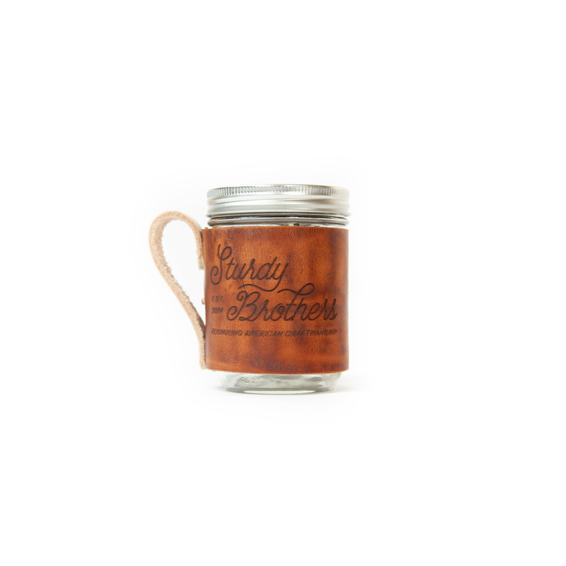 Rustic coffee mug jar with metal lid, brown print and rope handle