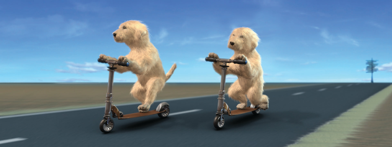 Animal art motion bookmark/ruler with two tan dogs on scooters, 6 inch