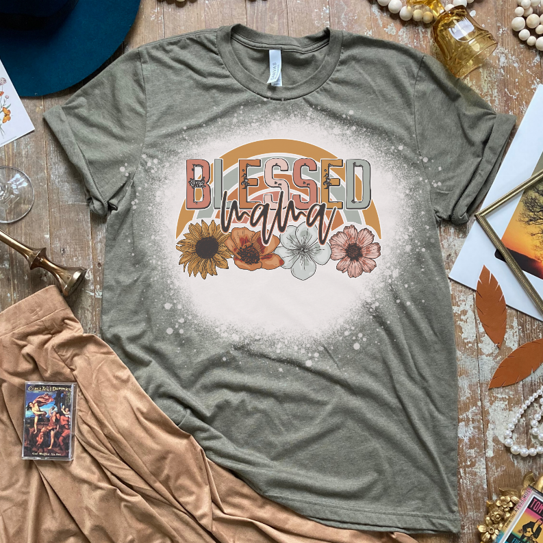 Dark green floral bleached graphic shirt with 'Blessed' text and flower ring