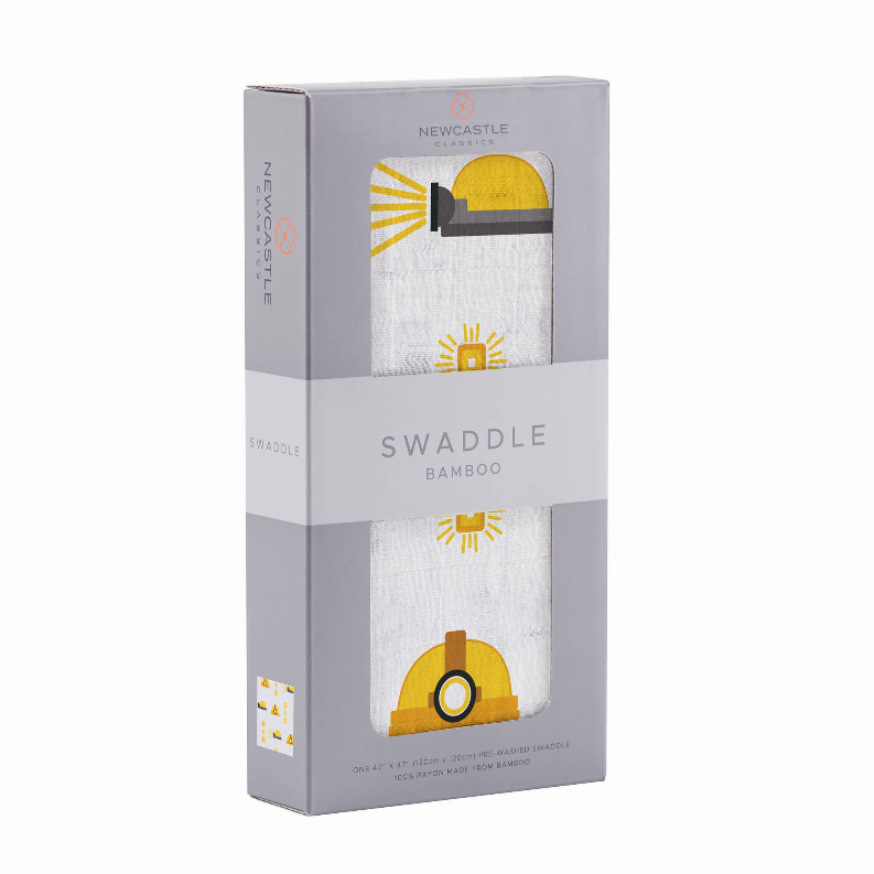 Newcastle Classic hard hat swaddle bamboo box, light gray with yellow hard hat pattern