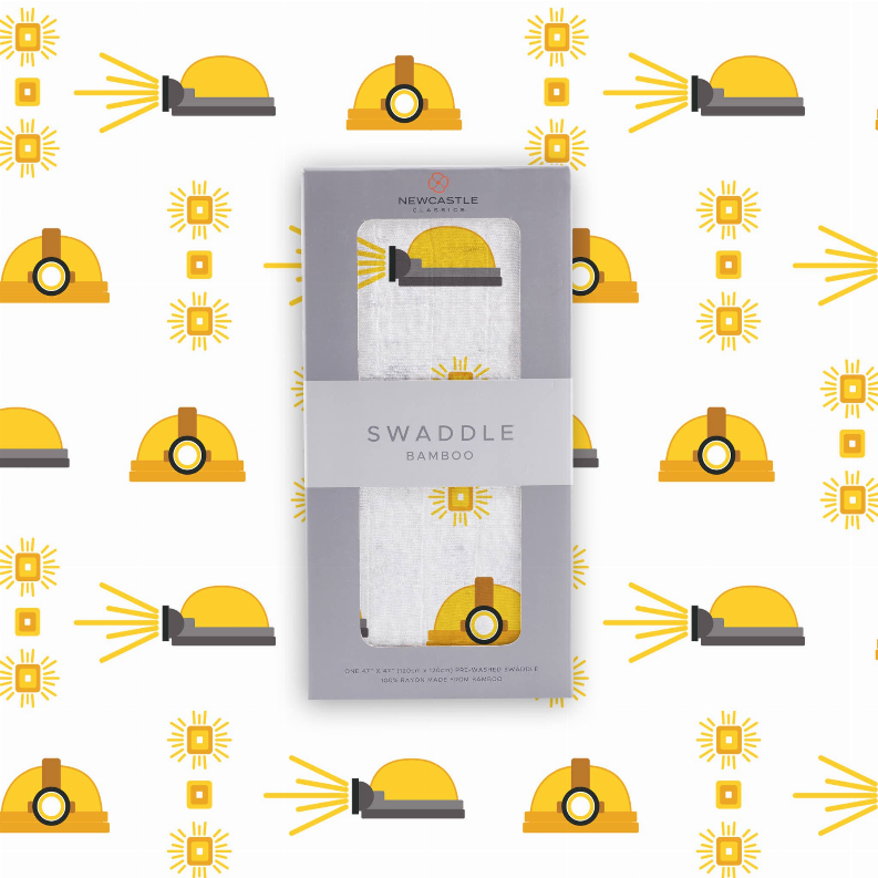 Newcastle Classic hard hat swaddle bamboo box with repeating yellow hard hat icons