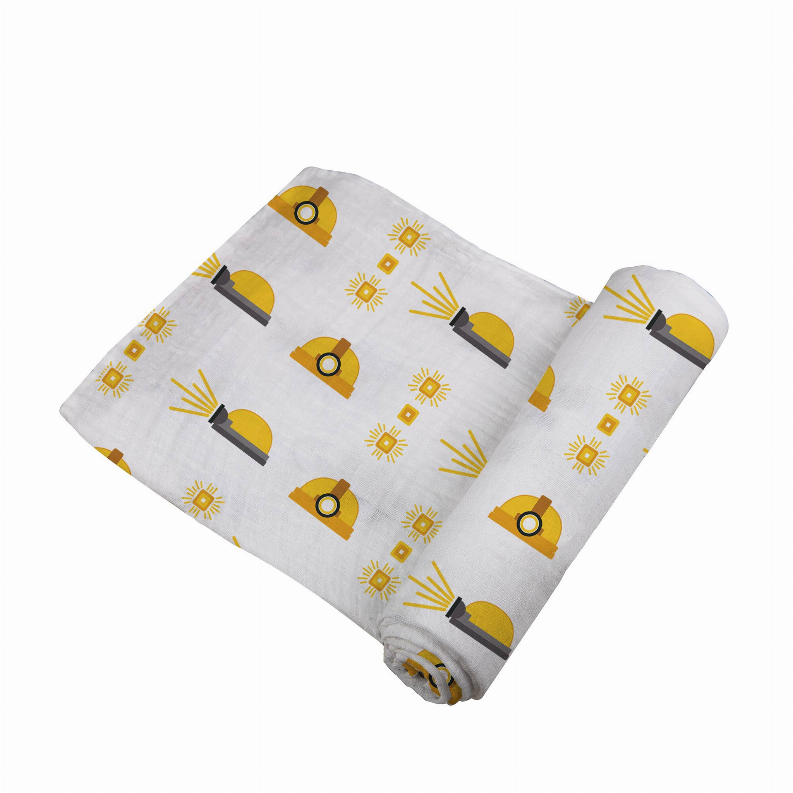 Hard hat swaddle blanket, light gray bamboo fabric with yellow hard hat pattern