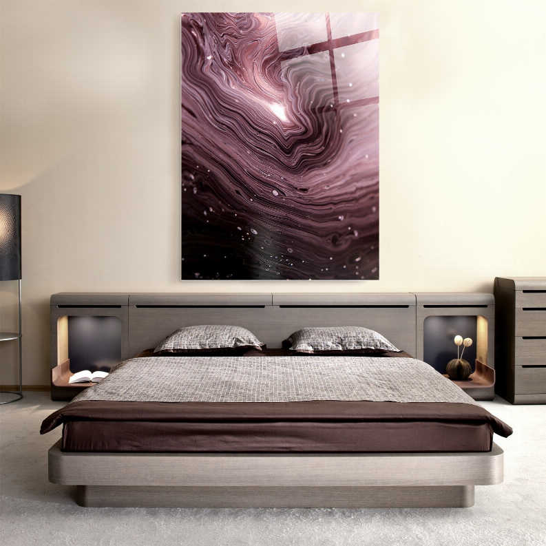 Framed marble glass wall art with concentric purple marbling and dark streaks
