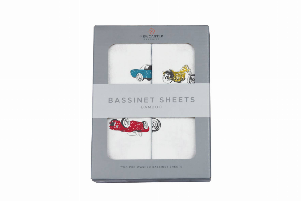 Bassinet sheet set in retail box with vintage car and motorcycle illustrations